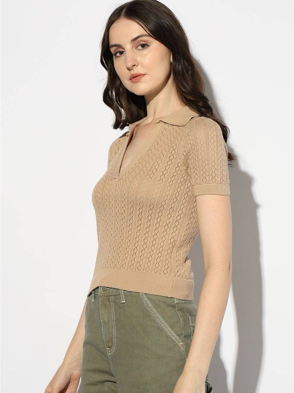 Premise Beige Openwork Knit Polo Crop Top
